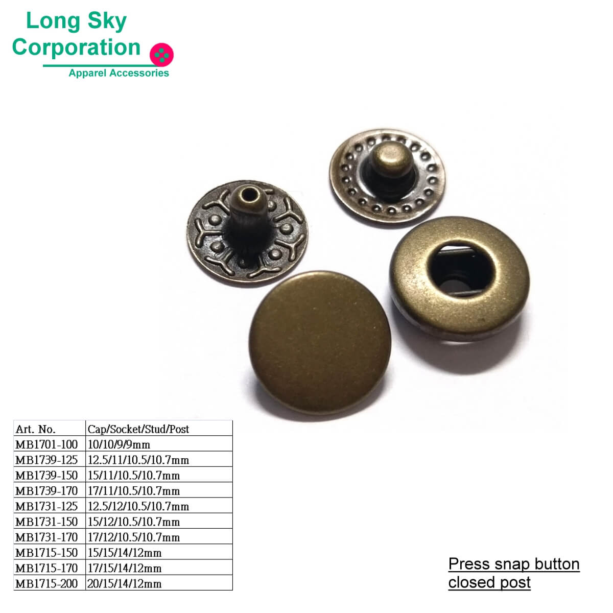 (MB17 series) brass made open post spring press snap button size from 10mm to 20mm
