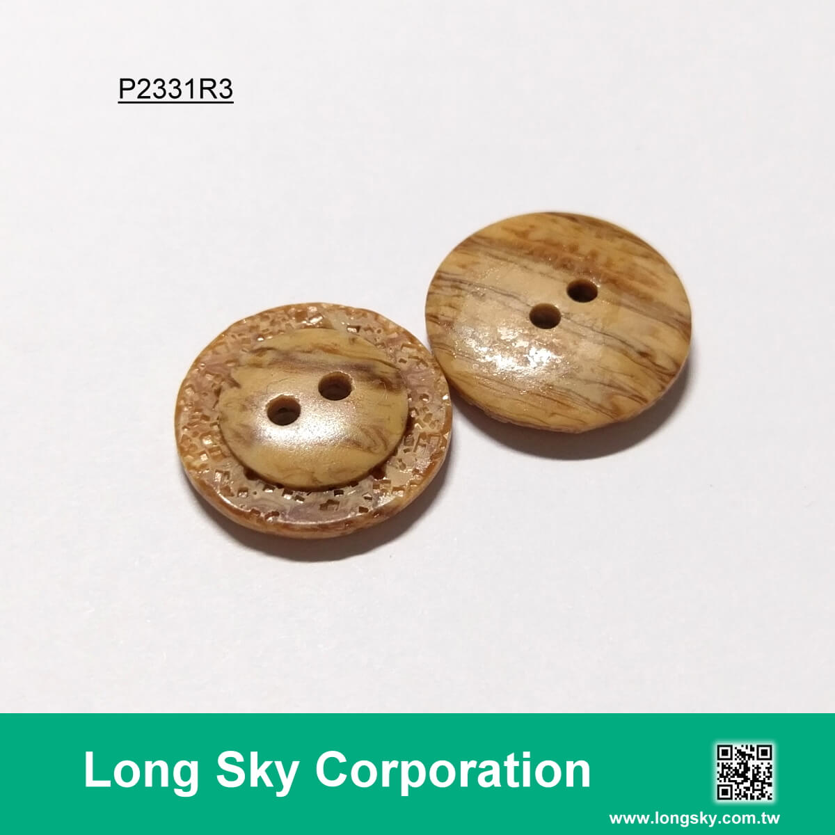 (#P2331R3) 2 hole wood look brown color polyester resin material garment button