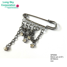 2.5" gunmetal finish safety pin with rhinestones and chains (SP0093)