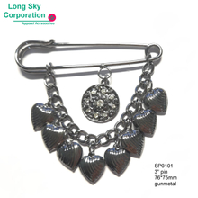 3" safety pin with heart charms, star plates and chain , fancy garment accessory (SP0101)