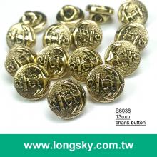(#B6038/13mm) Sea anchor pattern on gold round button with shank for navy style garment
