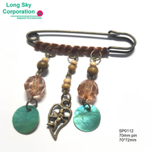 (SP0112) shell, acrylic beads decorated antique brass safety pin