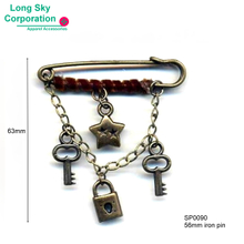 key, lock, star shaped charm hanging antique brass crafted safety pin (SP0090/56mm)