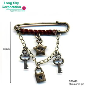 key, lock, star shaped charm hanging antique brass crafted safety pin (SP0090/56mm)