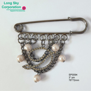3" D charm with pearl bead and crystal rs. gunmetal color safety pin (SP0094)