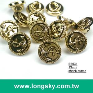 (#B6031/13mm) Sea anchor pattern on gold plated abs button with shank for navy style clothing