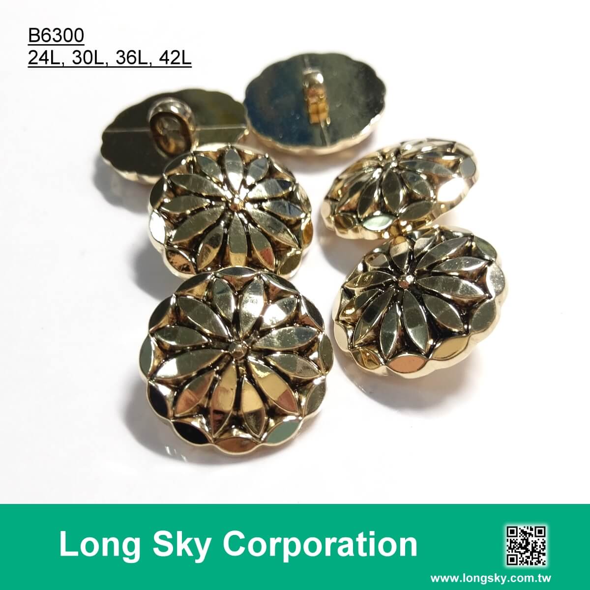 (#B6300/24L, 30L, 36L, 42L) flower pattern metal plated apparel button, iris glitter button
