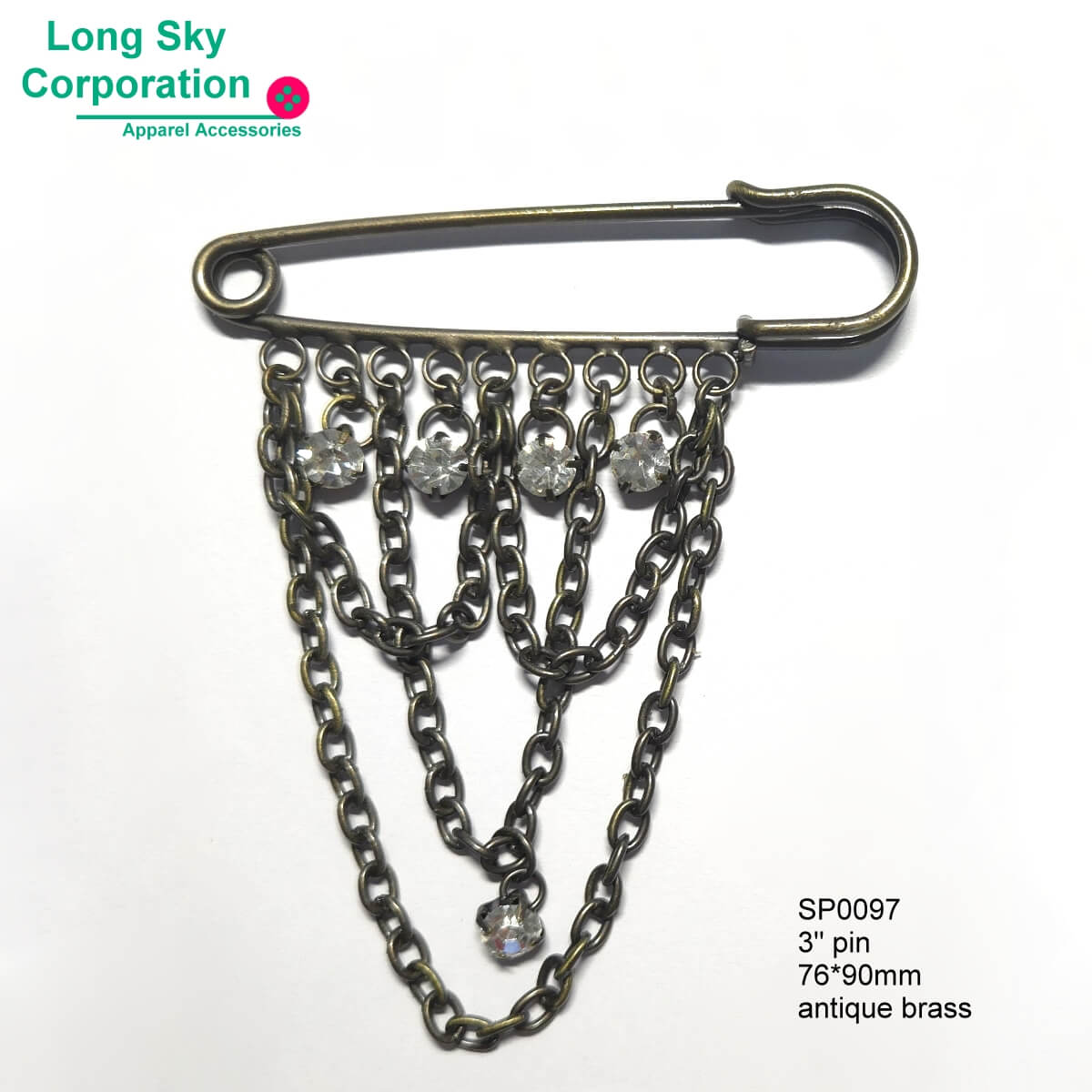3" gunmetal finish safety pin with rhinestones and chains