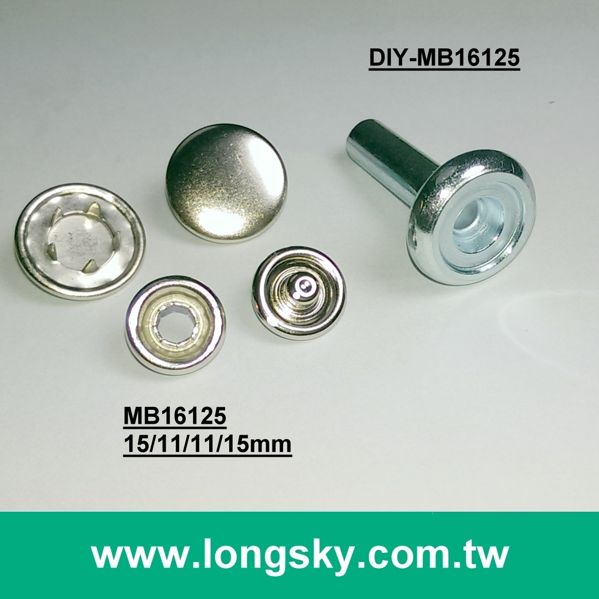 (#MB16125) DIY tooling available, 15mm round brass metal top prong snap button