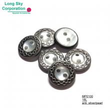 (MP0100) 18L nickel free antique silver with white pearl 2-hole sewing brass rim button